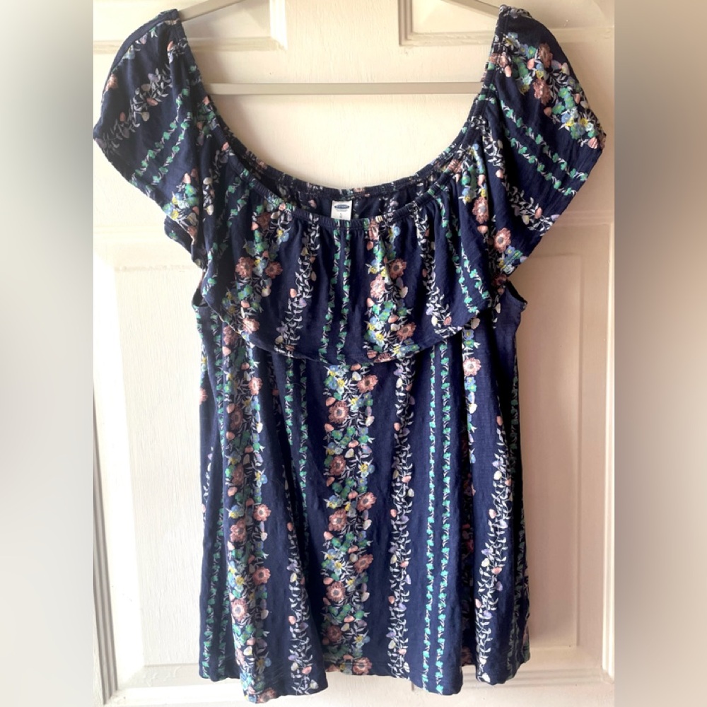 Old Navy Blue Pink Green Floral Vine Print Sleeveless Ruffle Peasant Top Large